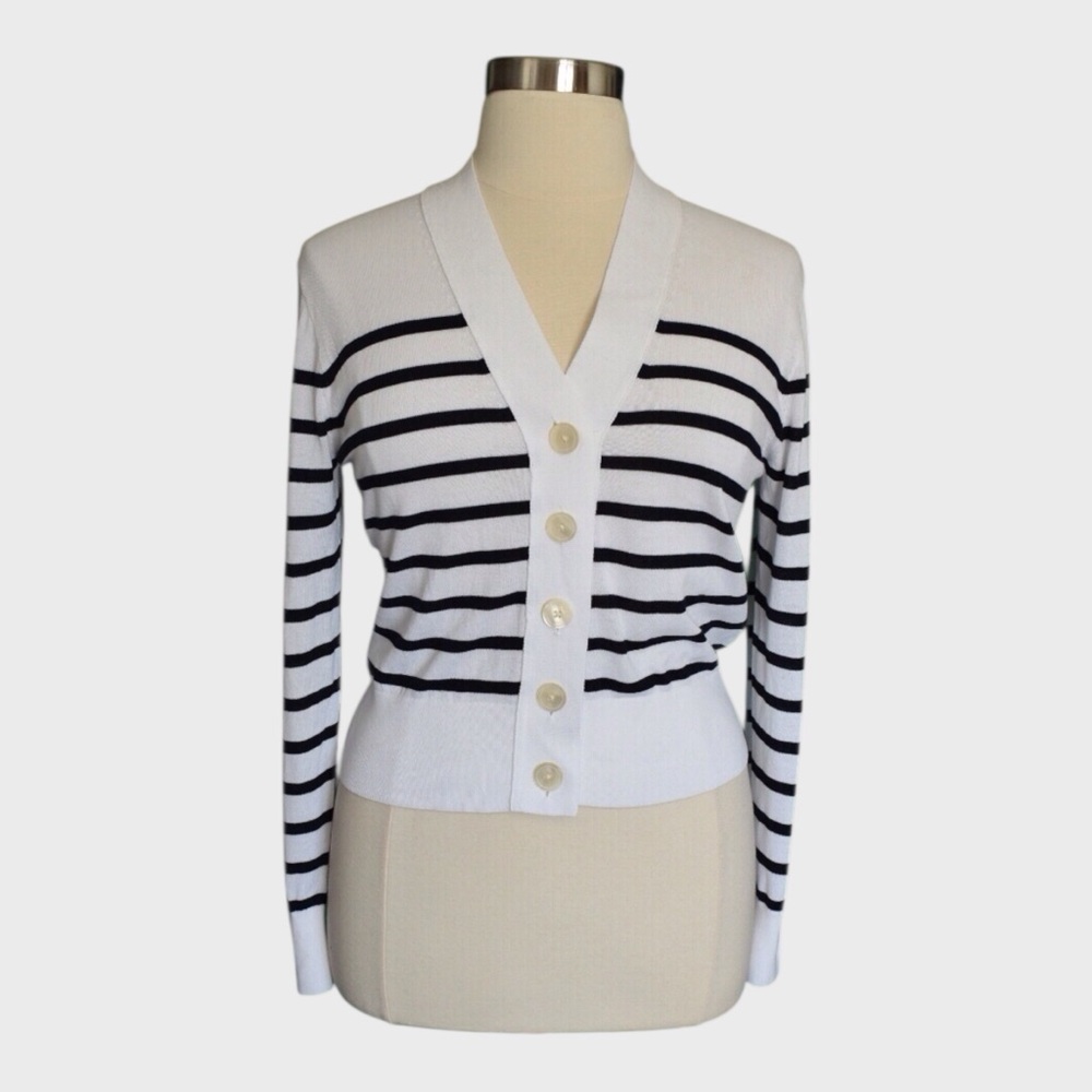 J Crew Striped Cotton Blend Button Front Cardigan